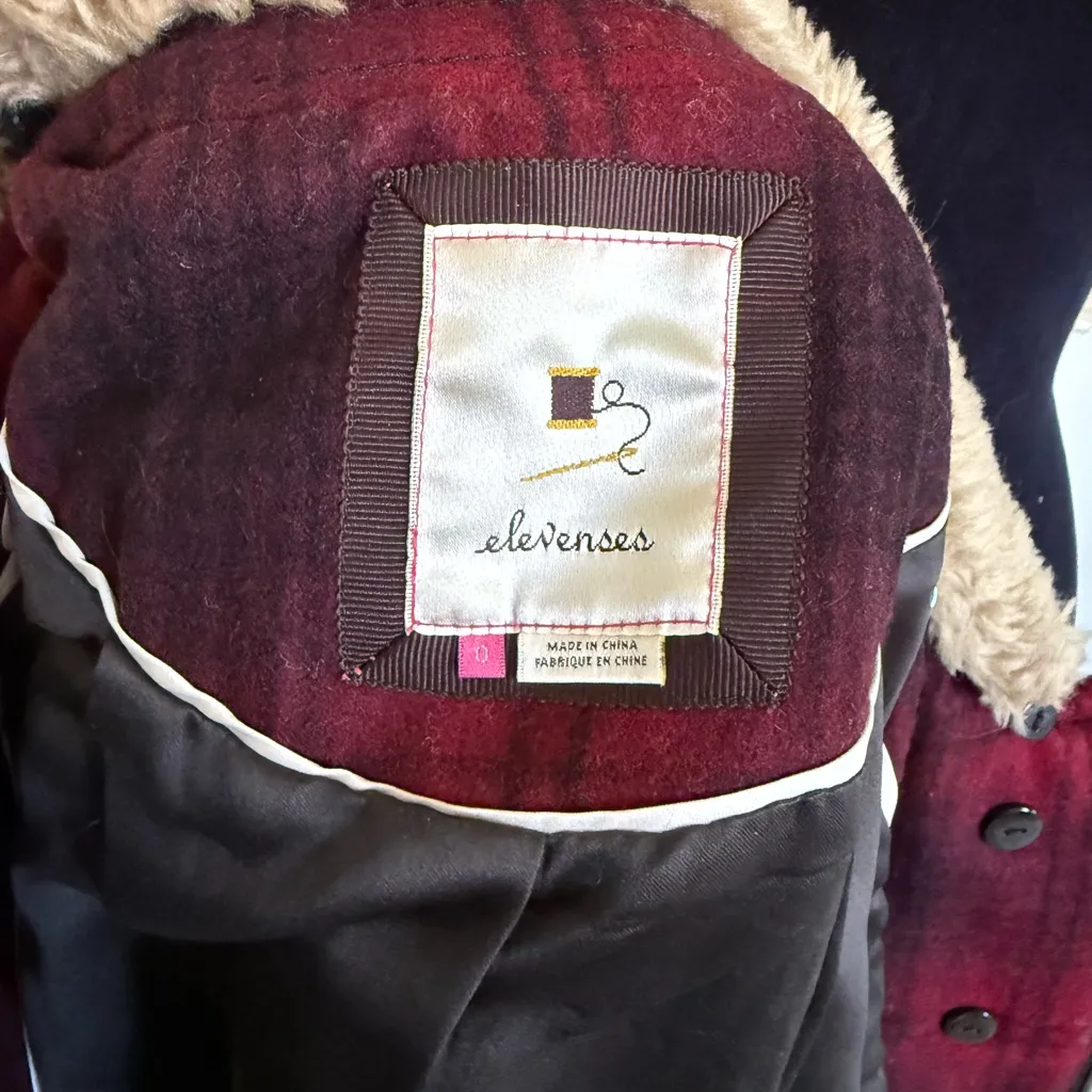 ANTHROPOLOGIE ELEVENSES
Red Plaid Fitted WOOL BLEND COAT Zip Button Womens Sz 0 - Image 10