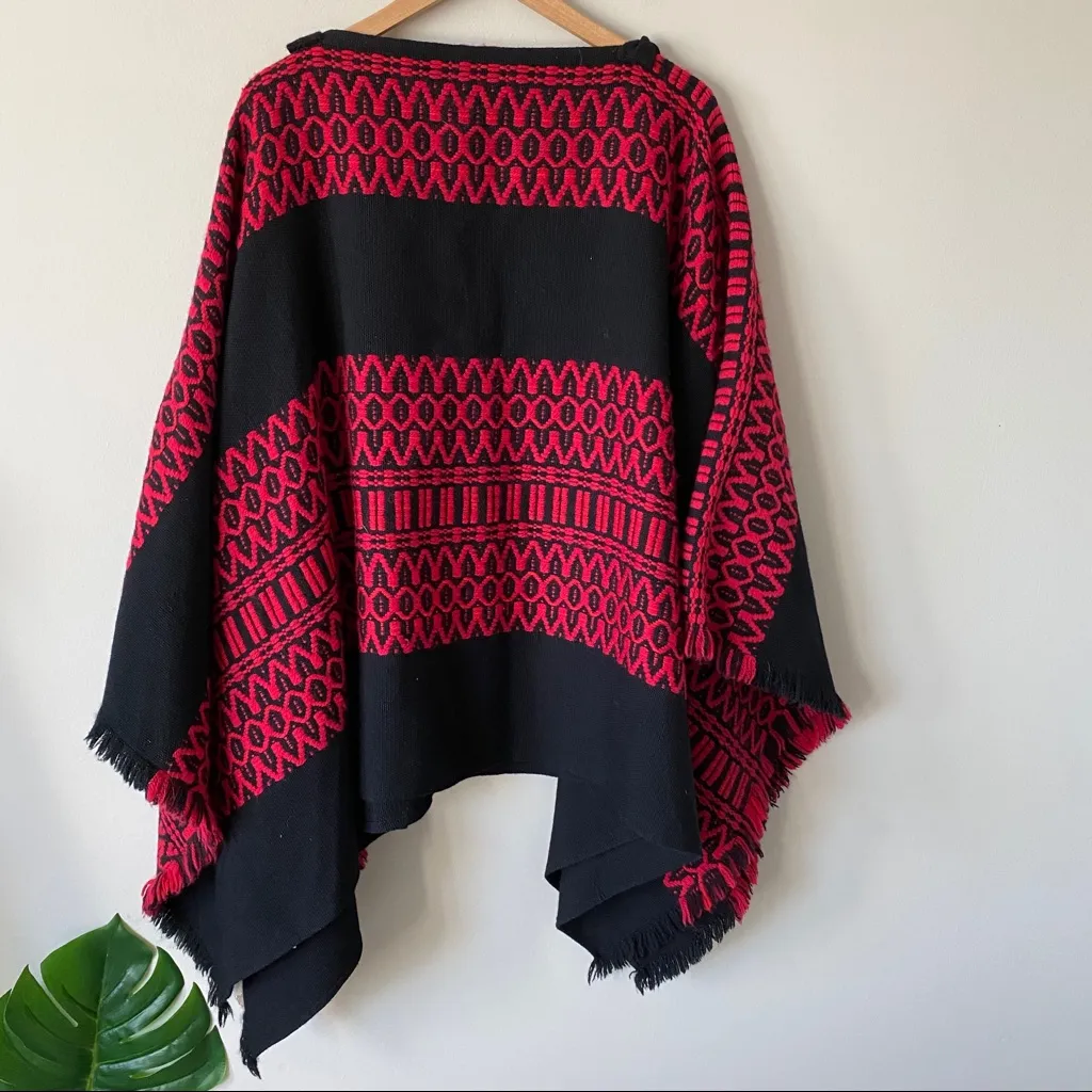 Blanket Poncho Knit Southwestern Boho Style Black and Red Fringe OS Size undefined - Image 5