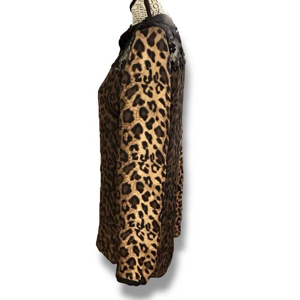 Elie Tahari Size S Anderson Black Lace + Leopard Print 100% Silk Button Blouse - Image 6