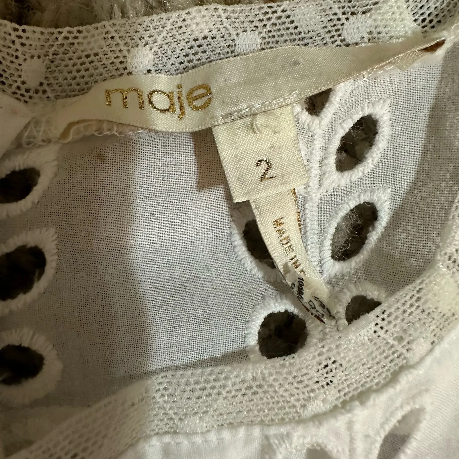 Maje Blouse Eyelet Lace White Cotton Short Sleeve Pullover - Image 4