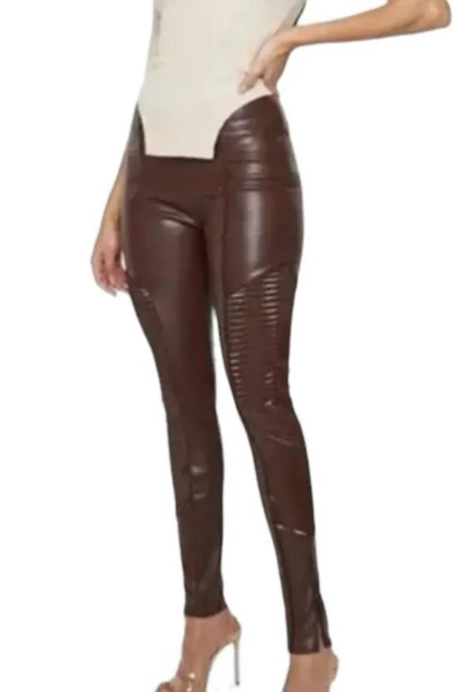 Maniere De Voir Vegan Faux Leather Brown Ribbed Patent Leggings Moto NWT size 12 - Image 2