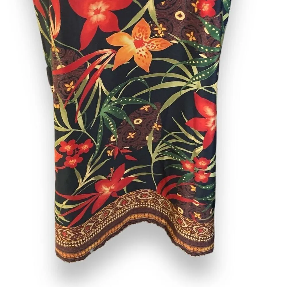 Vintage 90s Maxi Dress Black Red Tropical Dark Floral Print Sleeveless Vneck Size 10P - Image 4