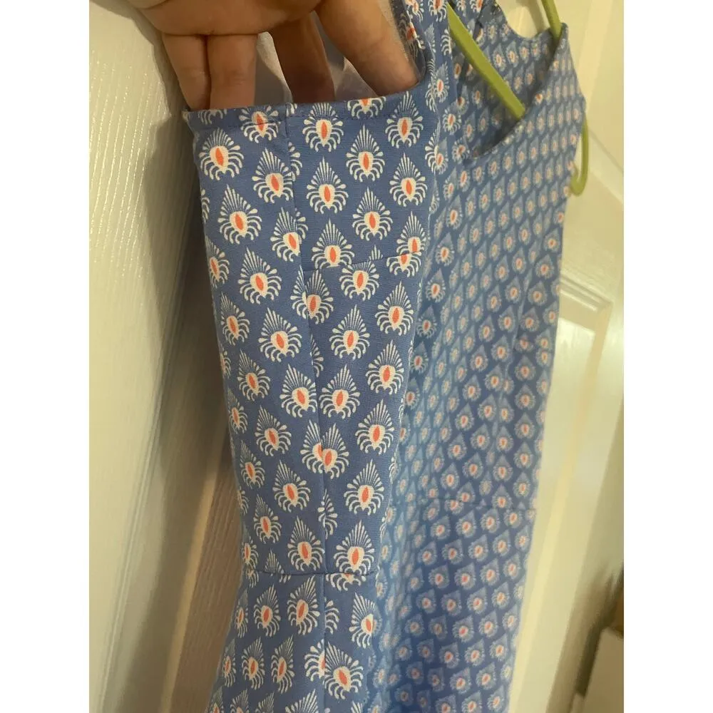 Talbots Fit & Flare Dress Sleeveless Blue Printed Ponte Knit V Neck Med Petite - Image 9