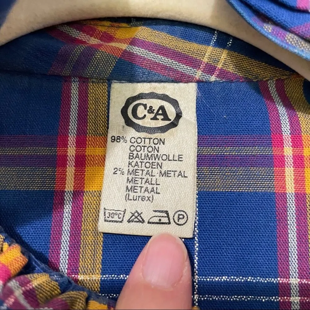 Vintage Blue & Orange Plaid Ruffled Asymmetrical Button Up Blouse Womens S 70s - Image 3