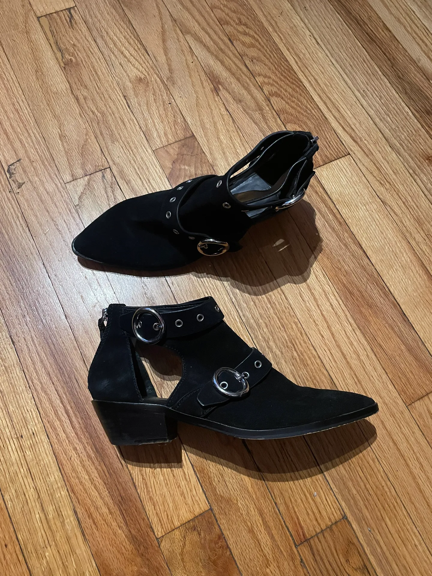 Kianna Uncrossed Bootie Studded D’orsay Breathable Moto rock punk whimsygoth suede leather western pointy almond toe open buckle strap - Image 2
