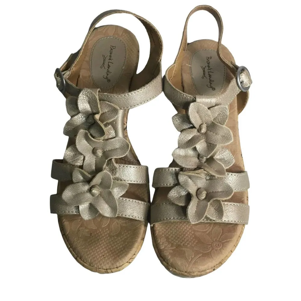 Womens Browns Landing Sicily Champagne Gold Leather Flower Cork Wedge Sandals 7M Size 7 - Image 9