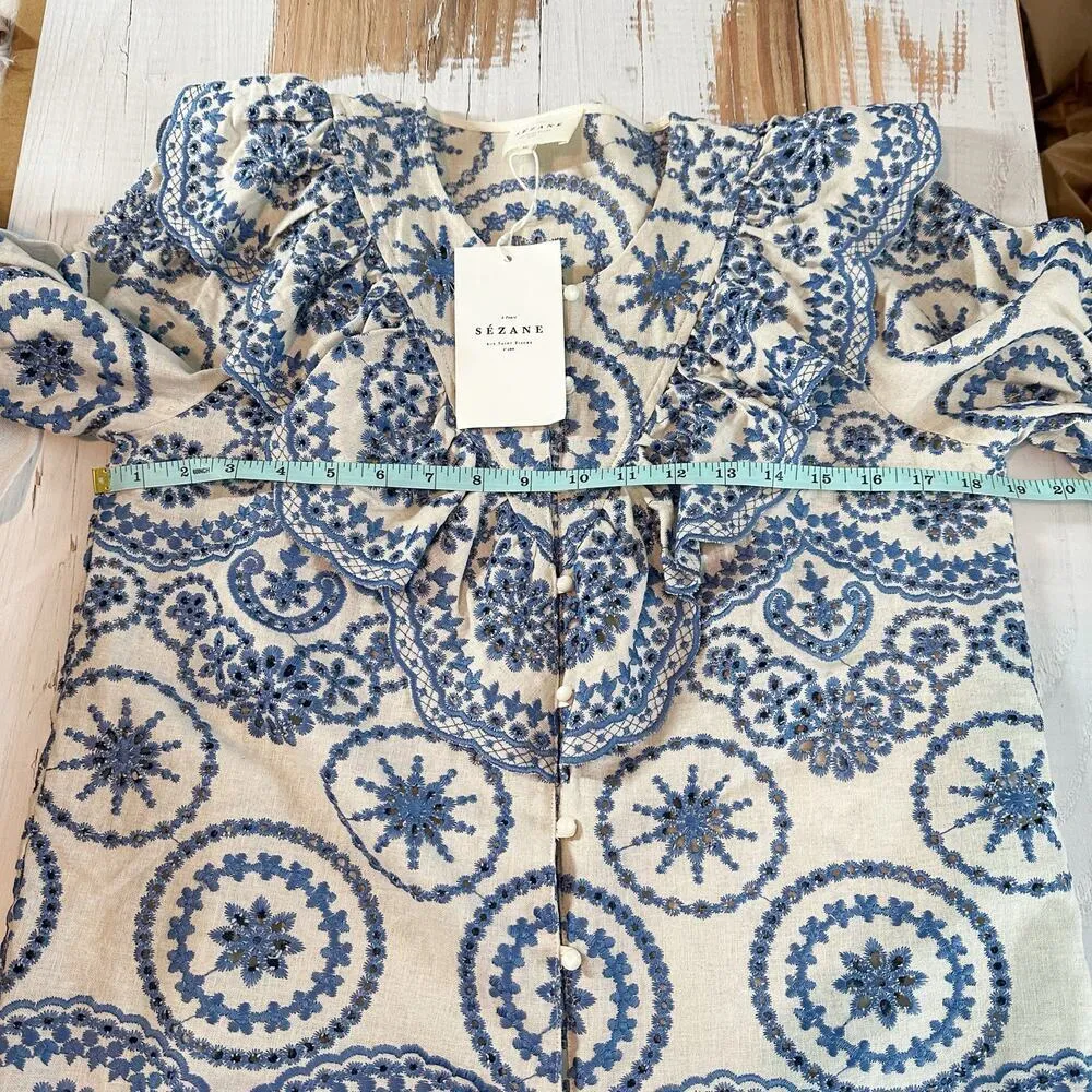 Sezane South Blouse Embroidered Floral Eyelet Blouse Summer French Blouse US 6 - Image 8