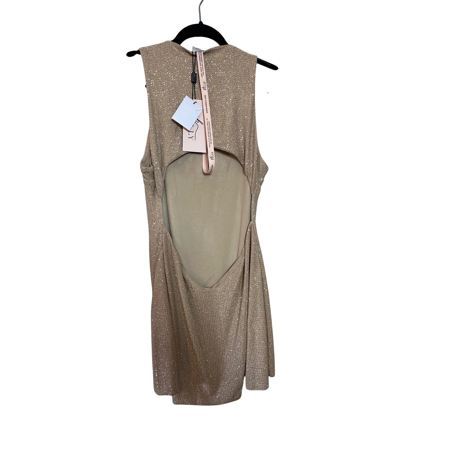 Oh Polly Arabella NWT Embellished High Neck A Line Mini Dress Nude Gold SZ 14 - Image 7