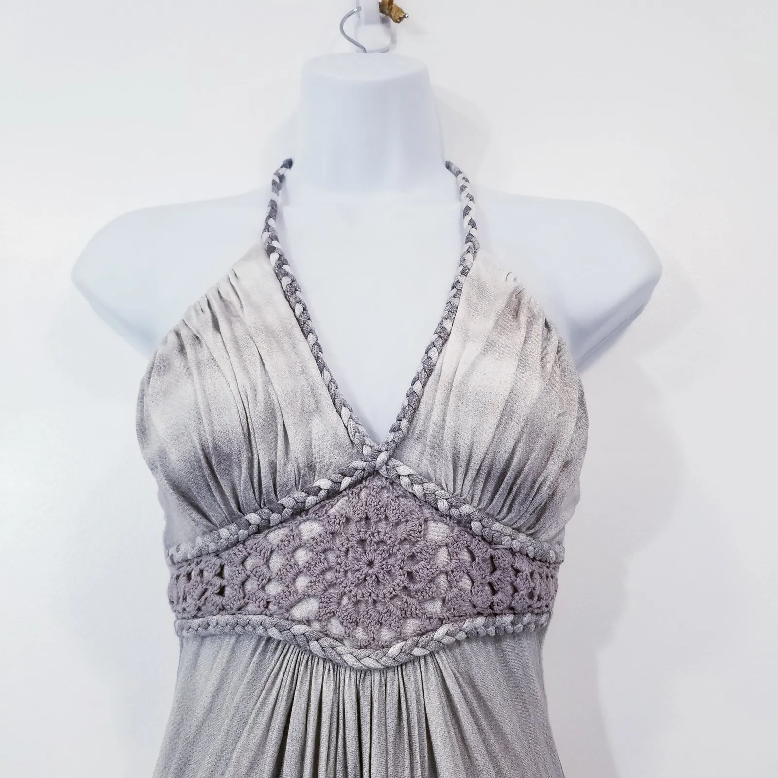 Sky Gray Braided Detail Empire Waist Halter Maxi Dress Size XS - Image 5