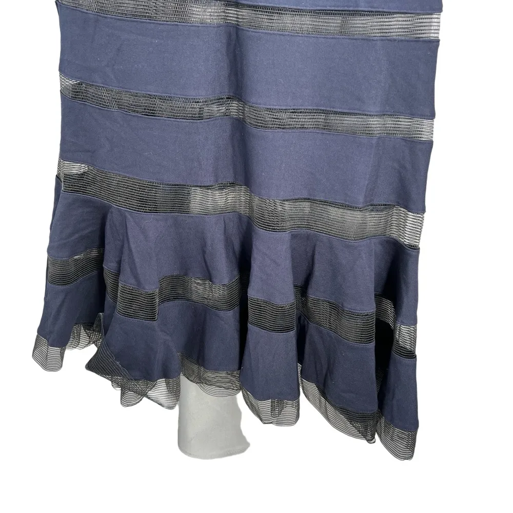 Tadashi Shoji Dress Floor Length Navy Blue Mesh Stripes Mermaid Ruffle Hem Small - Image 3
