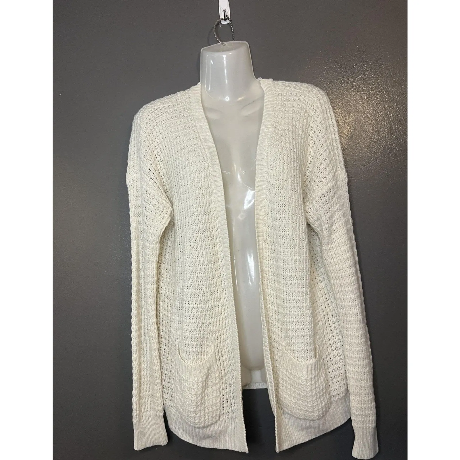 Forever 21 Sweater Cardigan Womens Medium White Open Knit Pockets Long Sleeve - Image 2