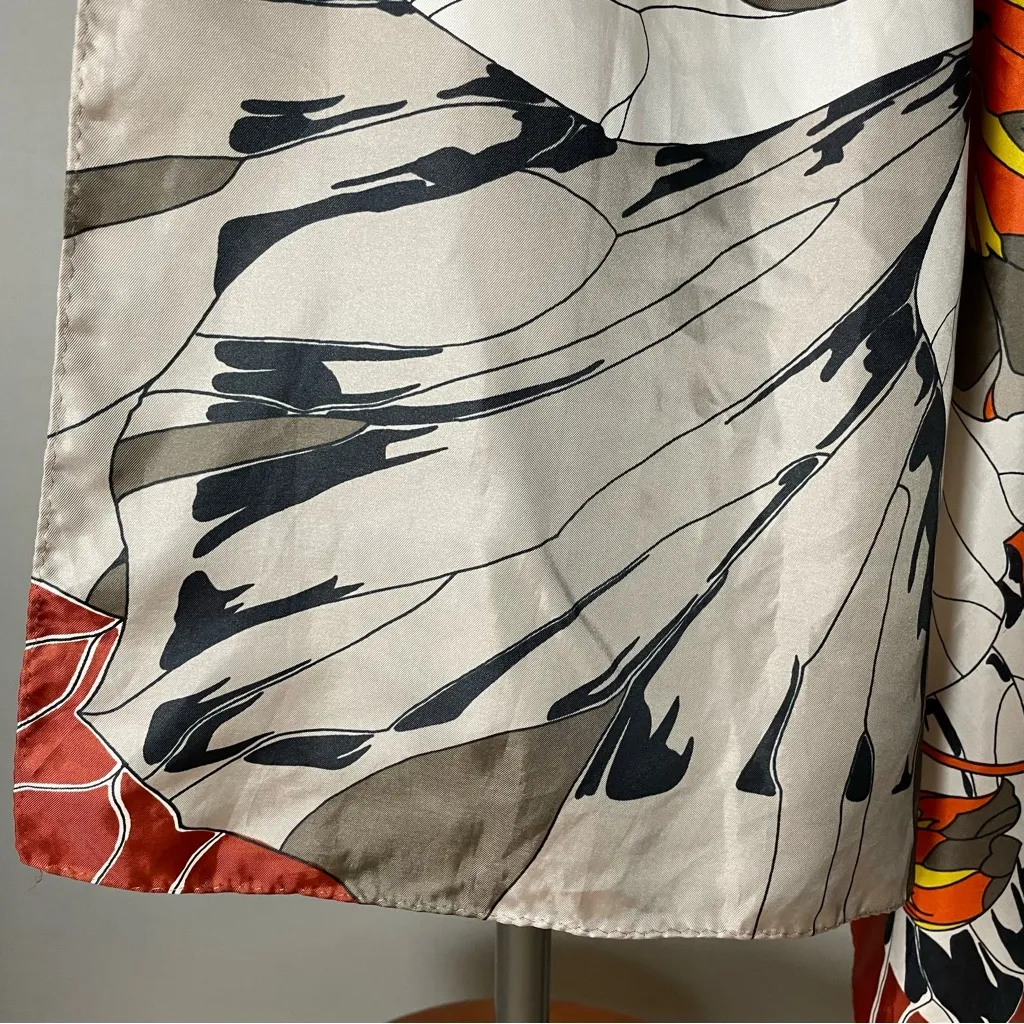 Floral Scarf Orange Gray Artsy Silky Flower Design Square 25.5" x 26" Funky Bold - Image 7