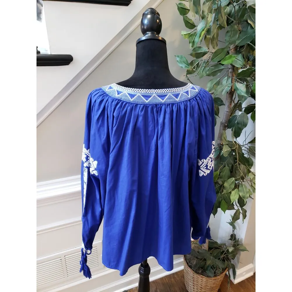 Women's Crown & Ivy Blue Embroidered Boho Top XL Long Sleeves Outdoor - Image 11