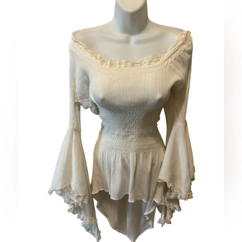 Eternal Love Long Bell Sleeve Ruffle Tunic Top Dress Ivory Sz S Smocked Front White - Image 2