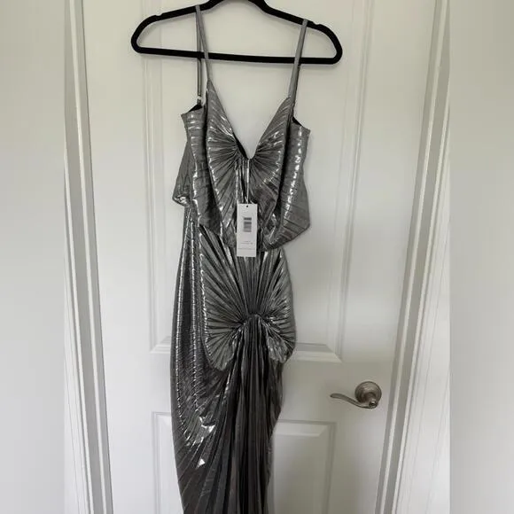 Metallic Silver Maxi‎ Dress Sleeveless Pleated Evening Gown - Image 5