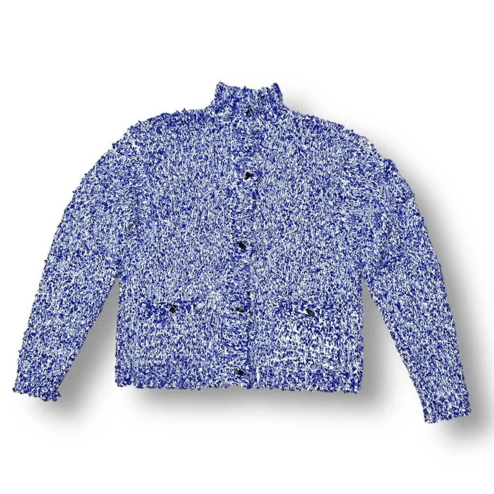 New Jamie Sadock Blue White Textured Chunky Knit Cardigan Sweater Tennis Golf S - Image 3