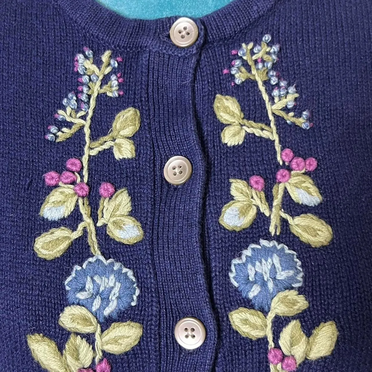 Charming vintage Classic Elements navy blue embroidered cardigan floral Medium - Image 6