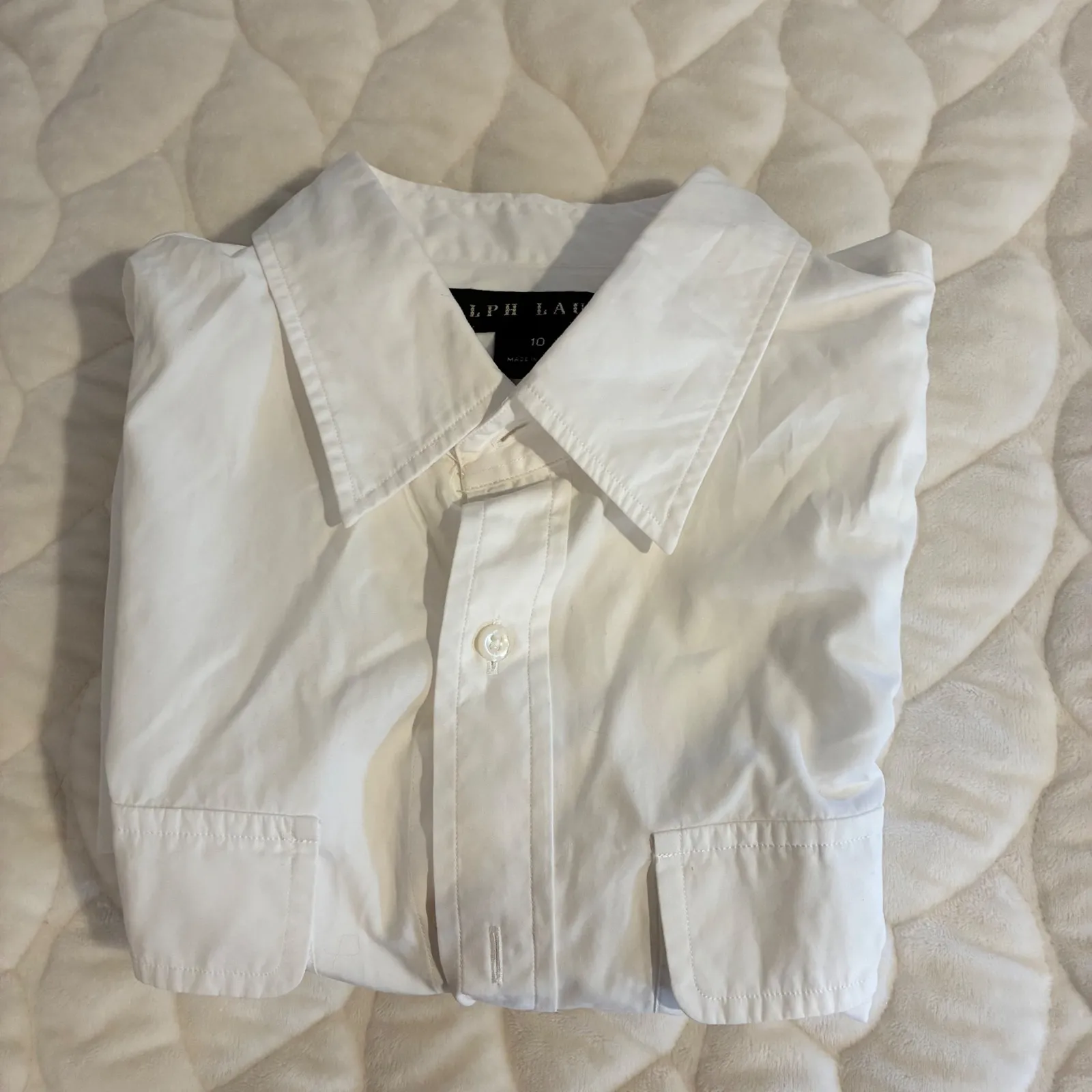 Black Label Ralph Lauren White Cotton Button Down Shirt 3/4 Sleeve Pockets- 10‎ - Image 4