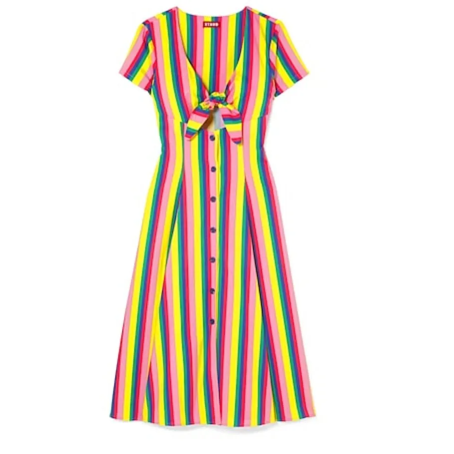 STAUD Alice Tie-front Striped Stretch-cotton Poplin Dress In Pink Stripe - Image 2
