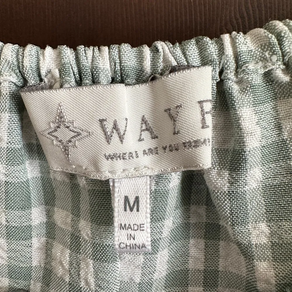 WAYF | Green Gingham Off Shoulder Peasant Shirt - Light Sage | Size Medium - Image 3