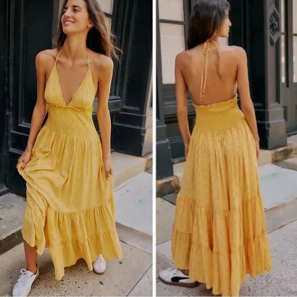 Free People Ethereal Bohemian Eyelet Lace Ruffle Halter Maxi Dress Large NEW - Image 6