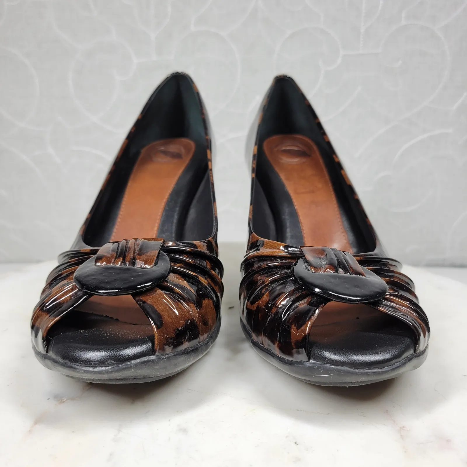 VTG‎ Nurture Drake Leopard Heels Womens 8 Brown Patent Leather Peep Toe Pumps - Image 5