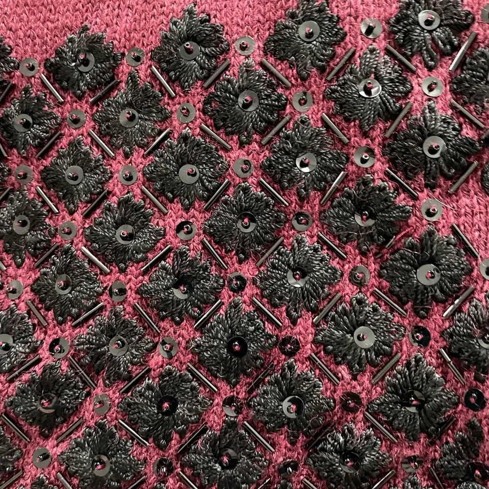 Vintage Curio maroon black boho floral embroidered beaded cardigan, size S Red - Image 5