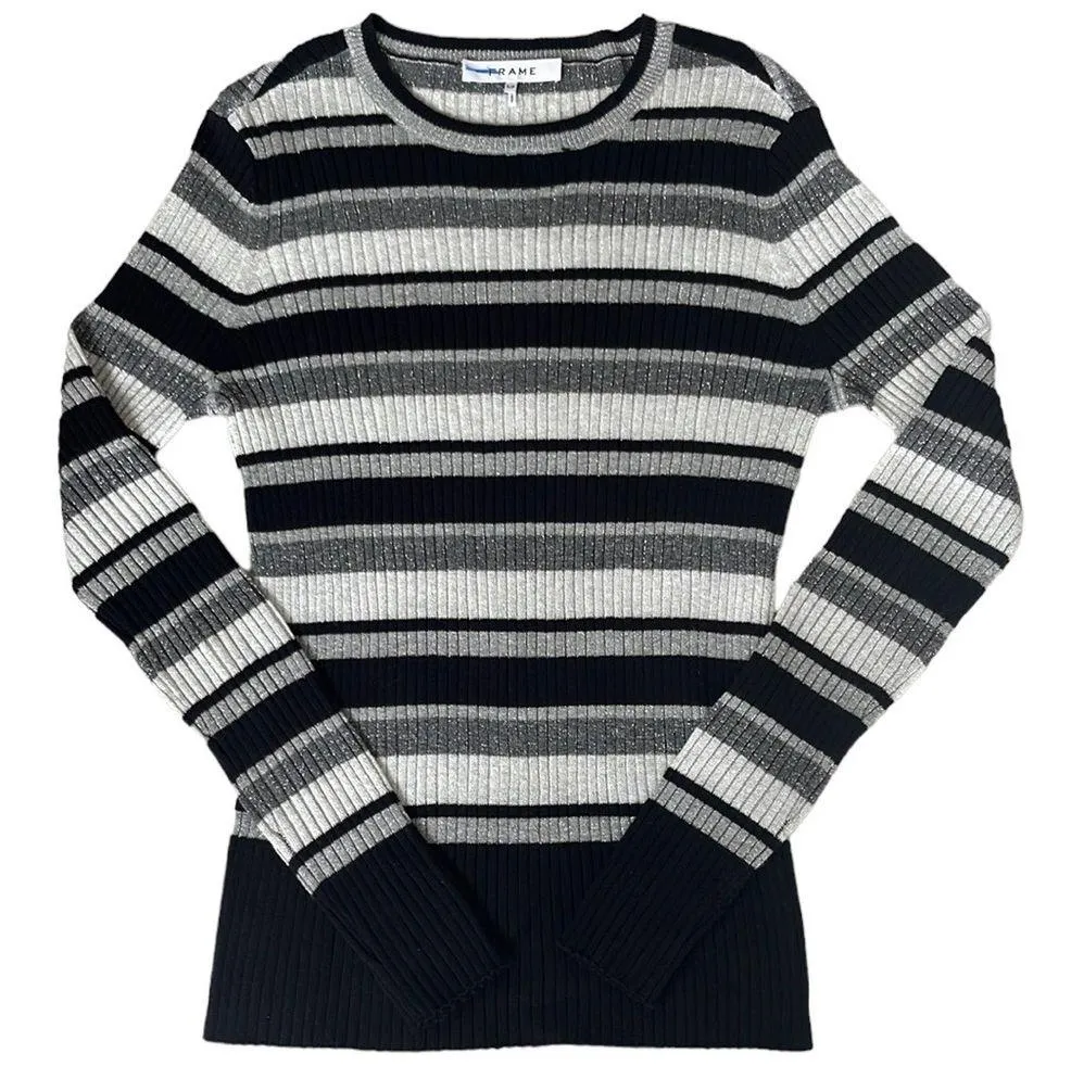 Like New Frame Striped Metallic Ribbed Long Sleeve Pullover Sweater Size Small - Image 3