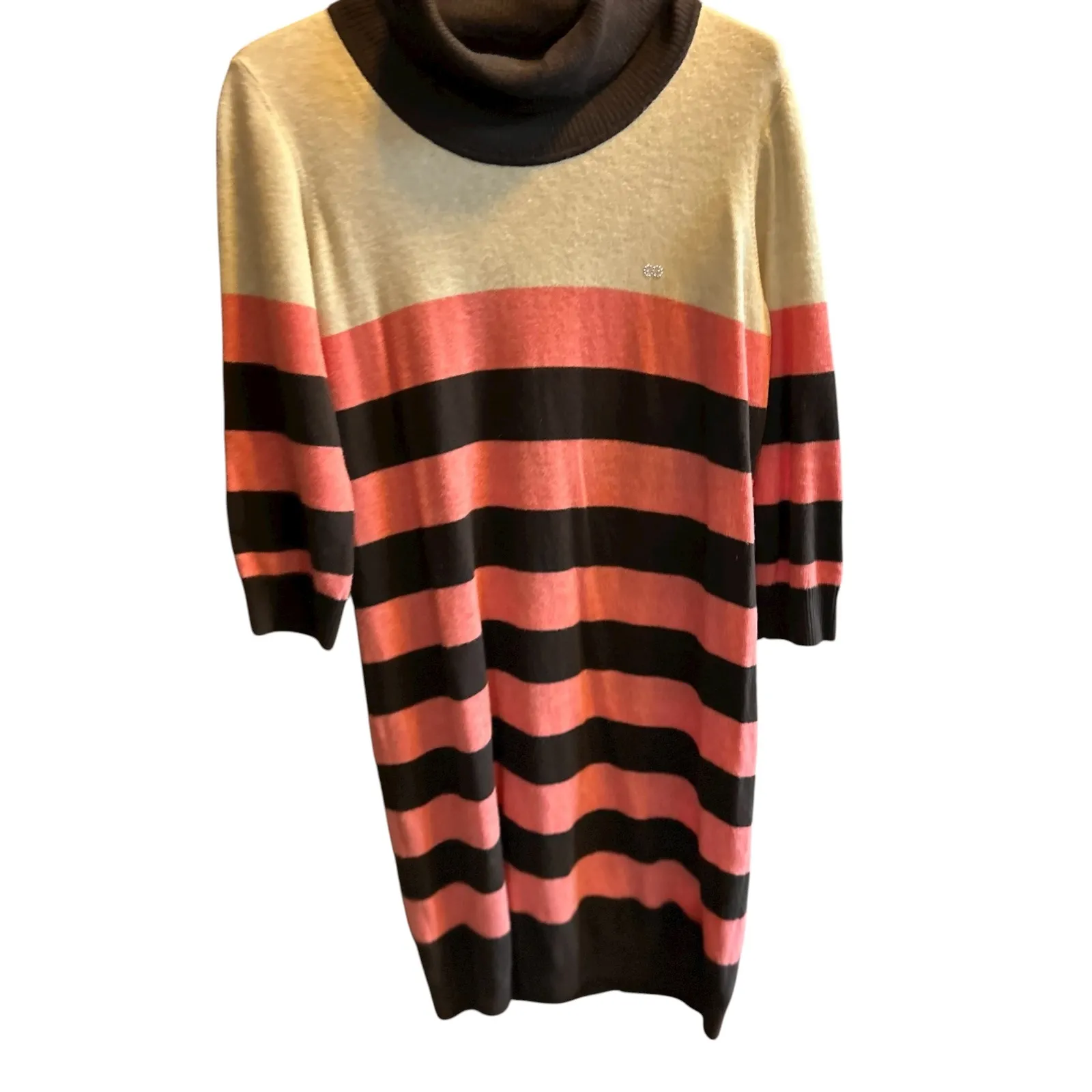 Escada Sport Women XL Striped Turtleneck Sweater‎ Dress Coral Black Beige wool Pink - Image 9