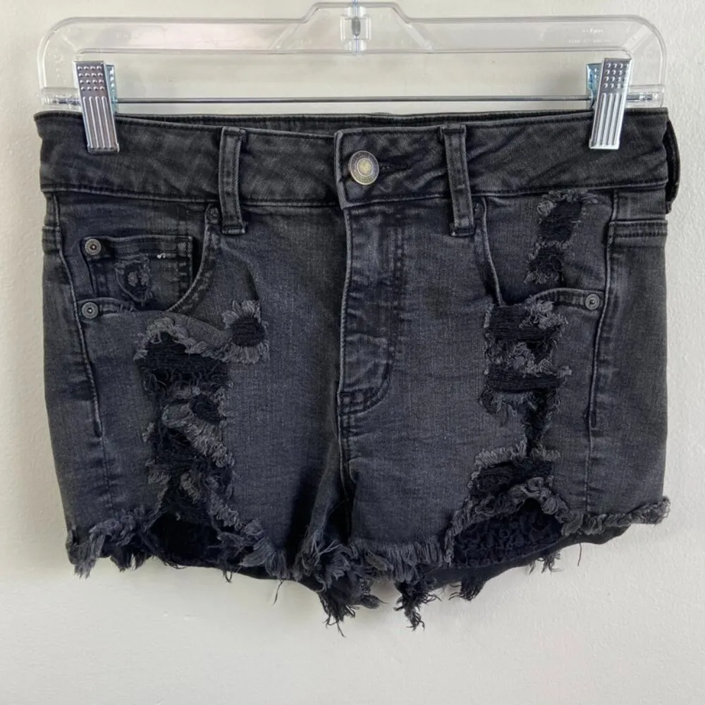 American Eagle Faded Black Super Stretch Hi-Rise Distressed Shortie Shorts - Image 2