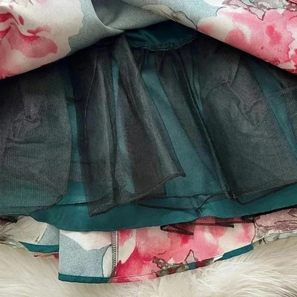 City Triangles Y2K Flare Green & Pink Floral Open Back Mini Dress - Image 4