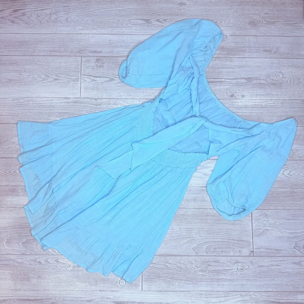 Blue balloon cropped sleeve flowey crepe dress summer dress large - Image 5