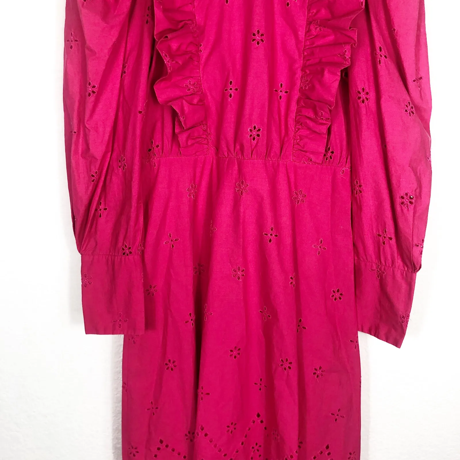Zara Eyelet Pink Fushia Maxi Dress Cotton Poplin Long Puff Sleeve Small 7521/107 - Image 10