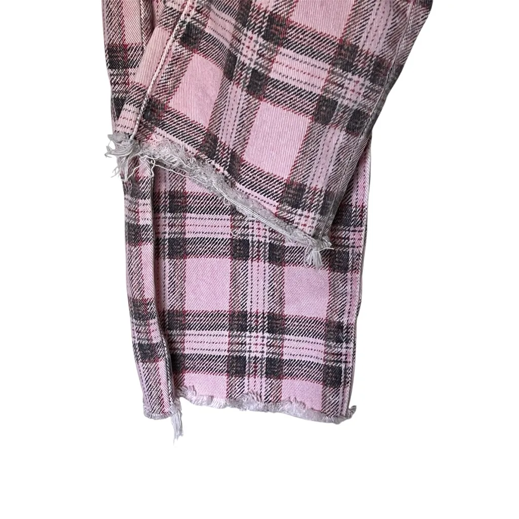 PAIGE Hoxton Bright Blush Tartan Plaid Slim Jeans 27 Raw Hem - Image 6
