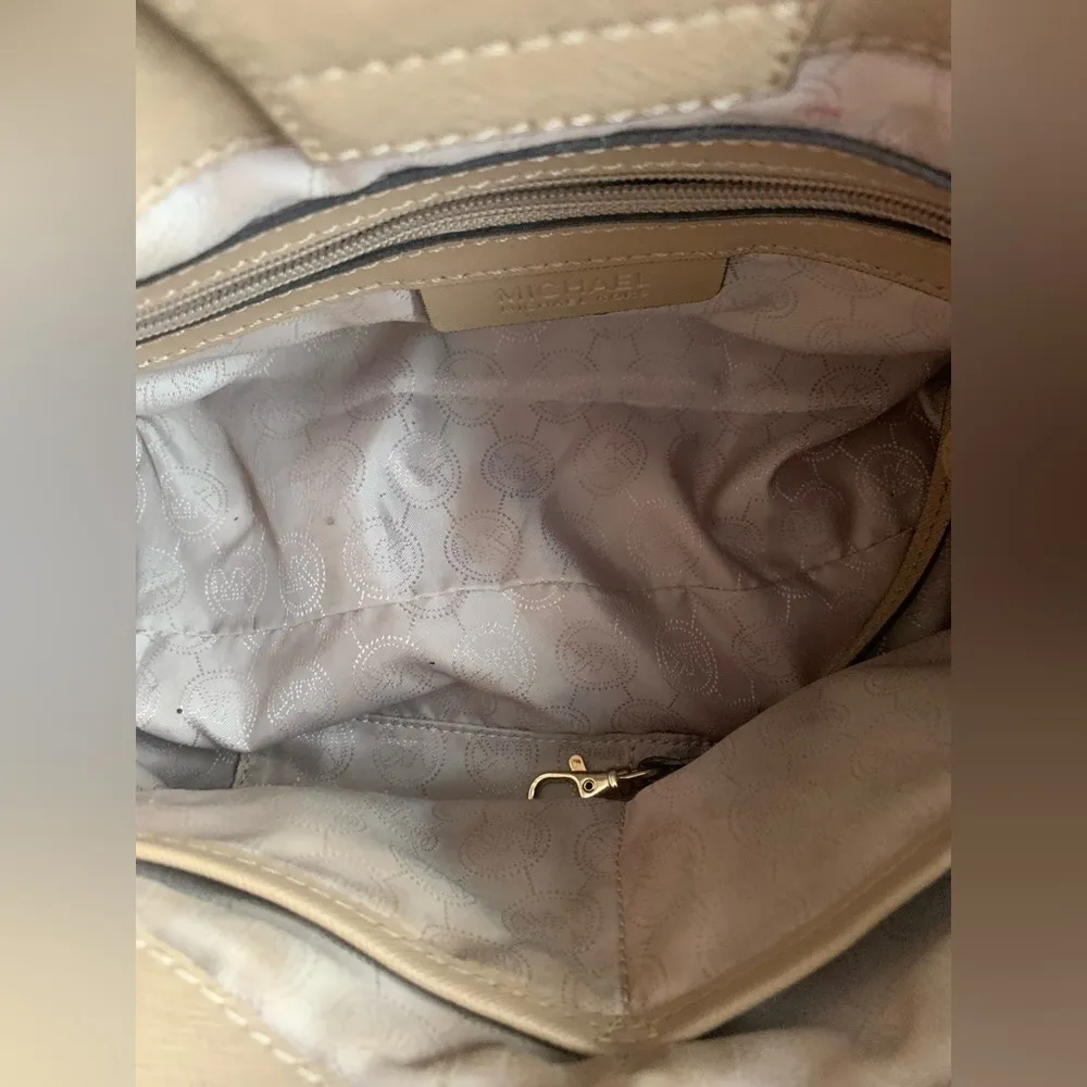 Michael Kors Hamilton Beige Saffiano Leather Satchel, Gold Chain Accent and Lock - Image 15