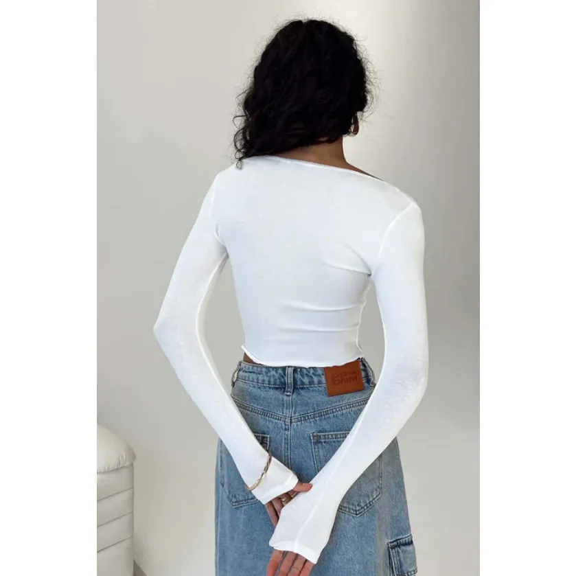 Princess Polly Karan Long Sleeve Crop Top Pinched V-Neck White Women's Size 8 - Image 10