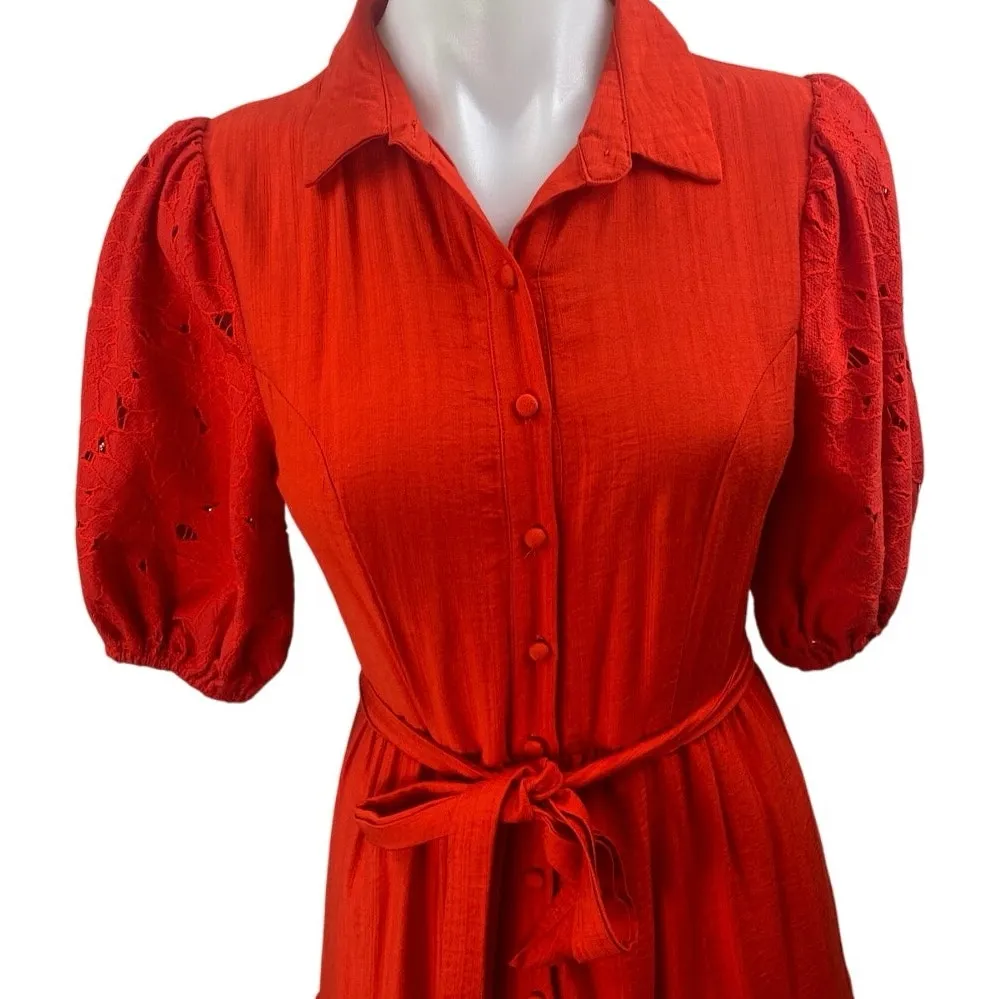 Aura Red Short Puff Sleeve Tiered Tie Waist A Line Midi Shirt Dress Size XS - Image 3