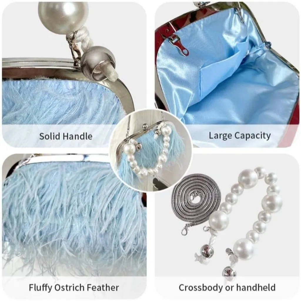 ⚡Women's Fluffy Ostrich Feather Pearl Banquet Evening Light Blue Clutch Bag - Image 6