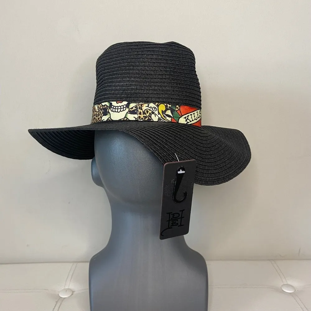 Ed Hardy Love Kills Slowly Tattoo Skull Black Straw Style Beach Hat - Image 6