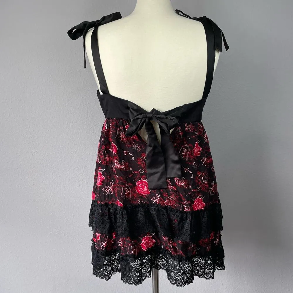 Hot Topic x Disney Babydoll Top M Belle Floral Lace Ruffle Camisole Keyhole Back - Image 4