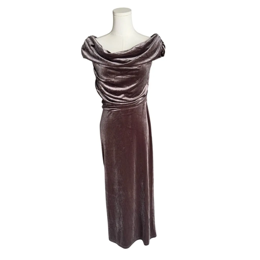 ASTR the Label - NWT One Shoulder Velvet Midi Dress Taupe Brown Ruched SZ M - Image 4