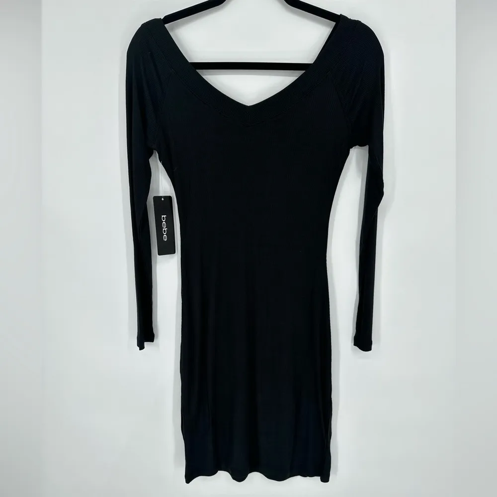 Bebe Long Sleeve Logo Dress Swarovski Crystal Rhinestone Black Style 701822 Sz S - Image 9