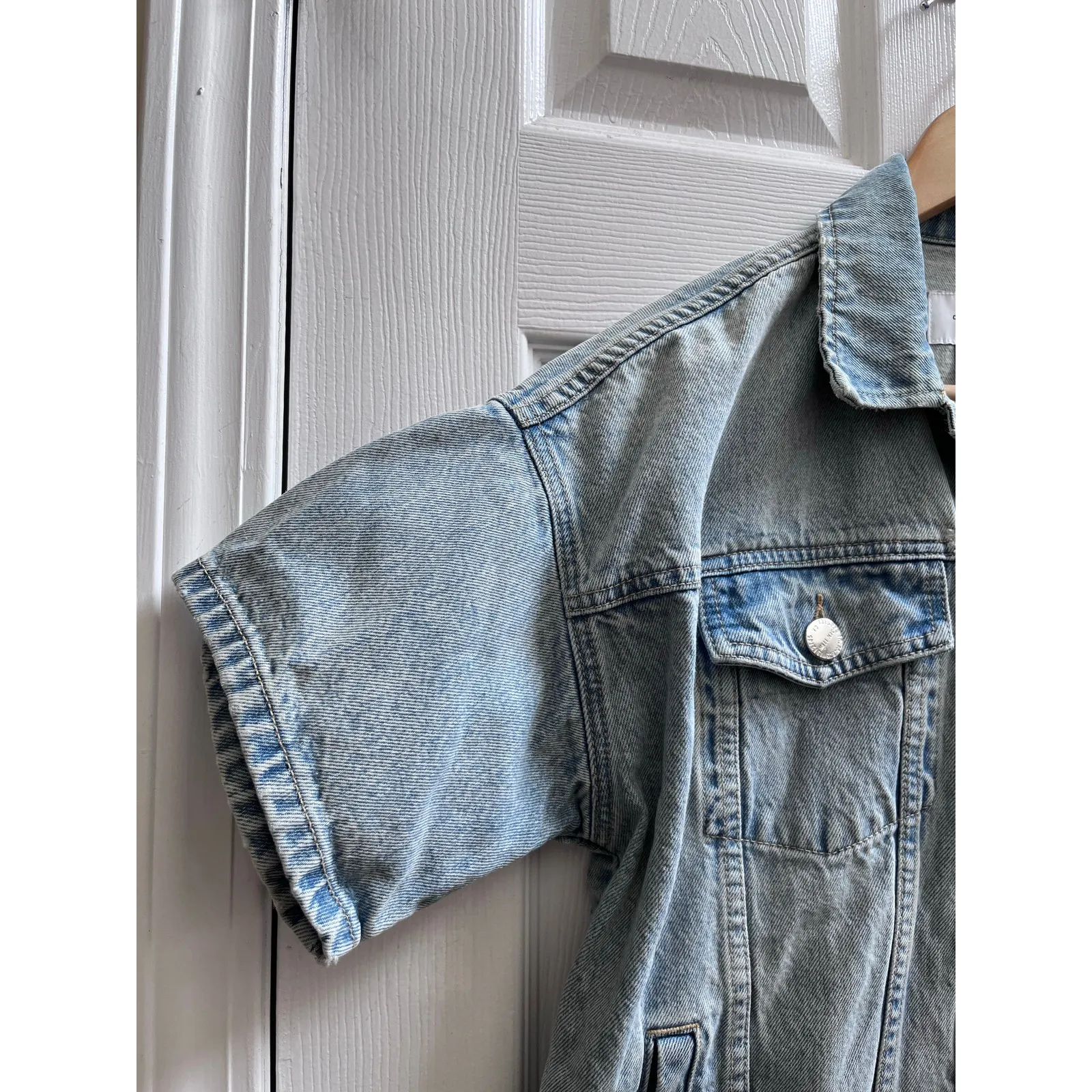 Current Elliot Rolled Short Sleeve Denim Trucker Jacket Oversized Size 0 USA Blue - Image 7