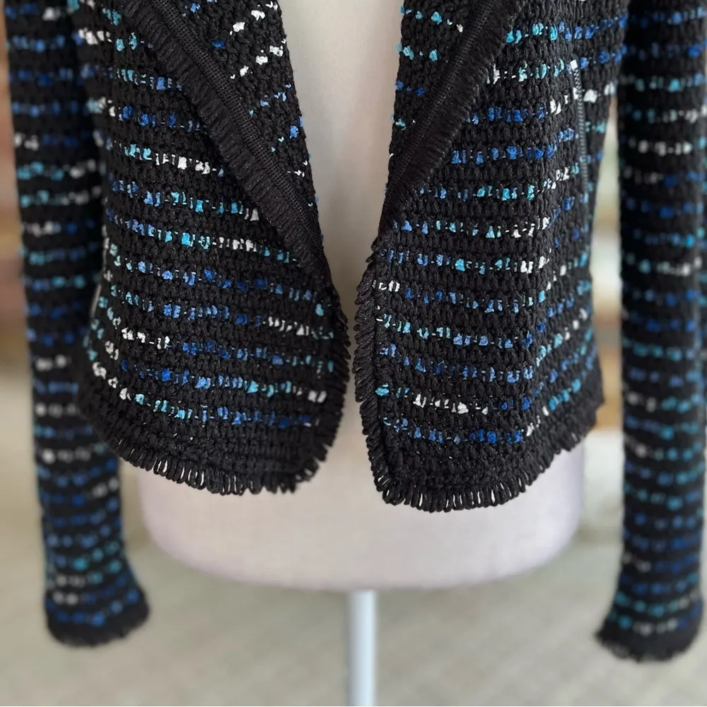 WHBM Jacket Knit Black Tweed Fringe Moto Cropped Open Front S Party Work Chic - Image 6