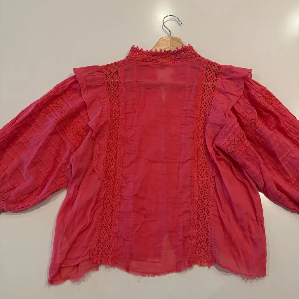 Free People Rosalind Pink Cotton Crochet Blouse Size Small - Image 6