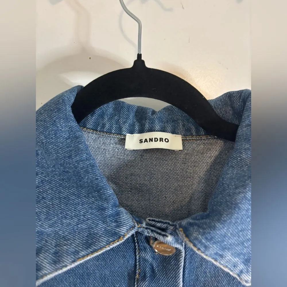 SANDRO Ralph Denim-paneled textured-knit jacket size 4/ US XL NWT - Image 5