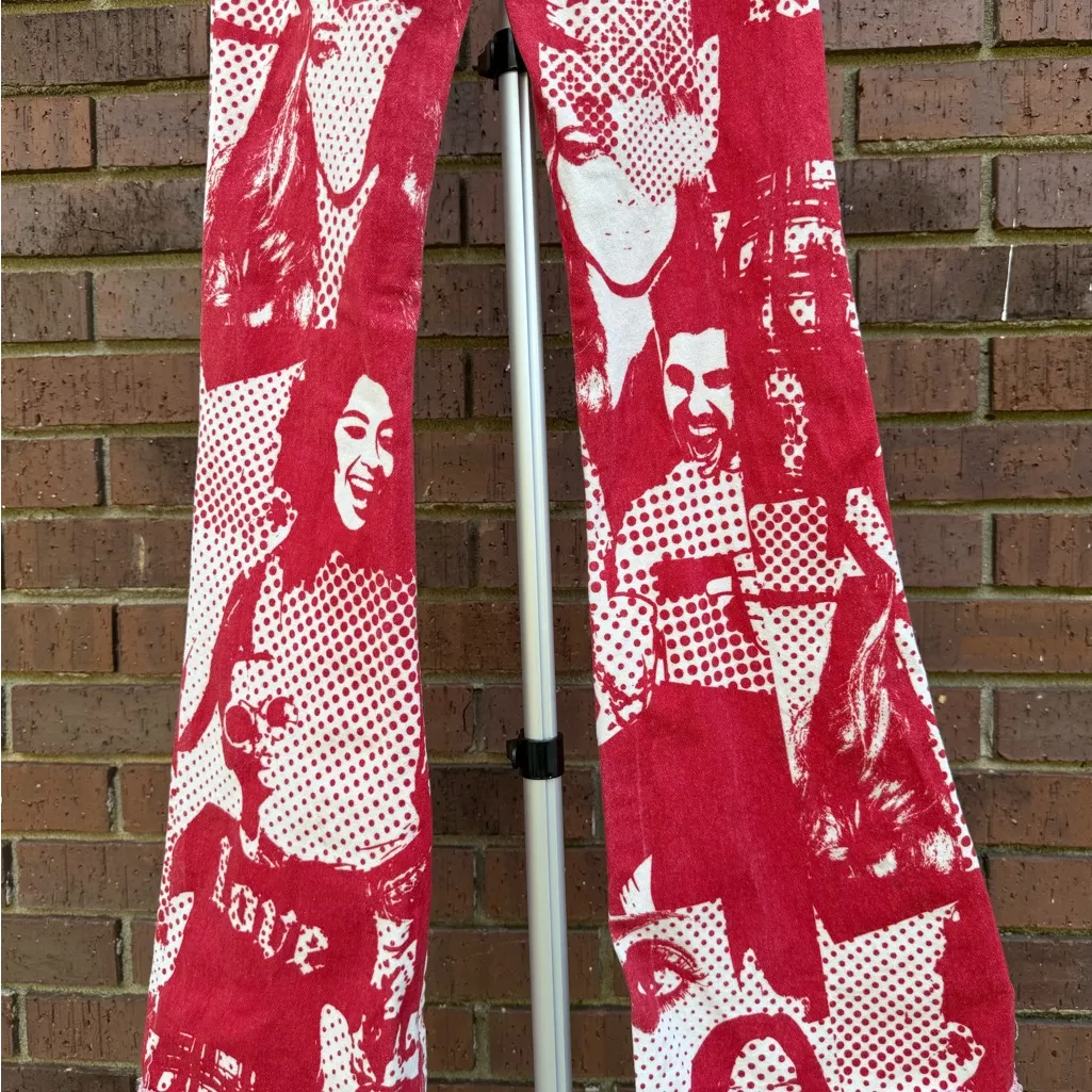 Edikted Andy Print Red White Face Novelty Print Flare Bell Bottom Jeans Size XS - Image 11