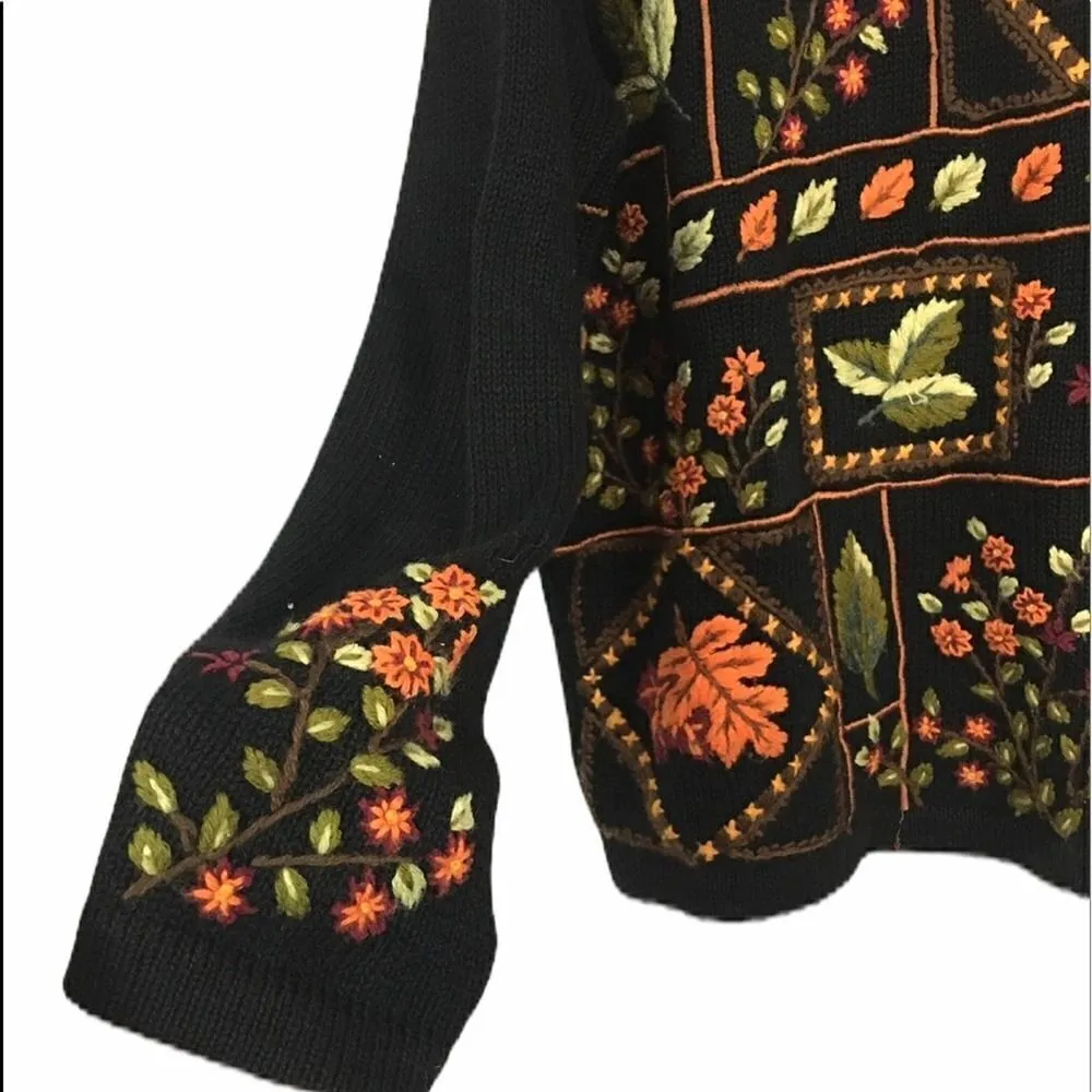 Vintage All Points Fall Leaves Embroidered Sweater Size Medium Black - Image 2