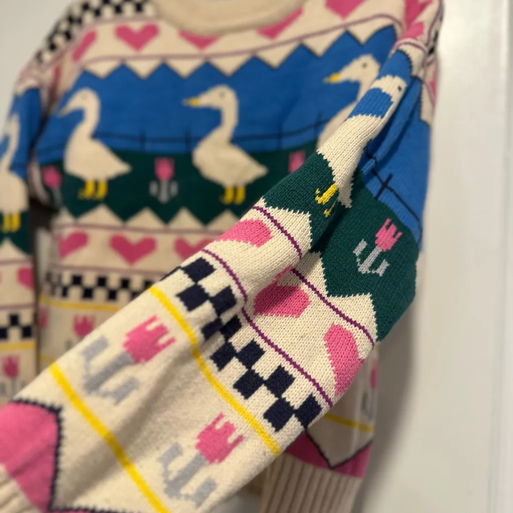 Kina & Tam Sz: XS Duck Goose Heart Flower Cottagecore Warm Winter sweater Blue - Image 7