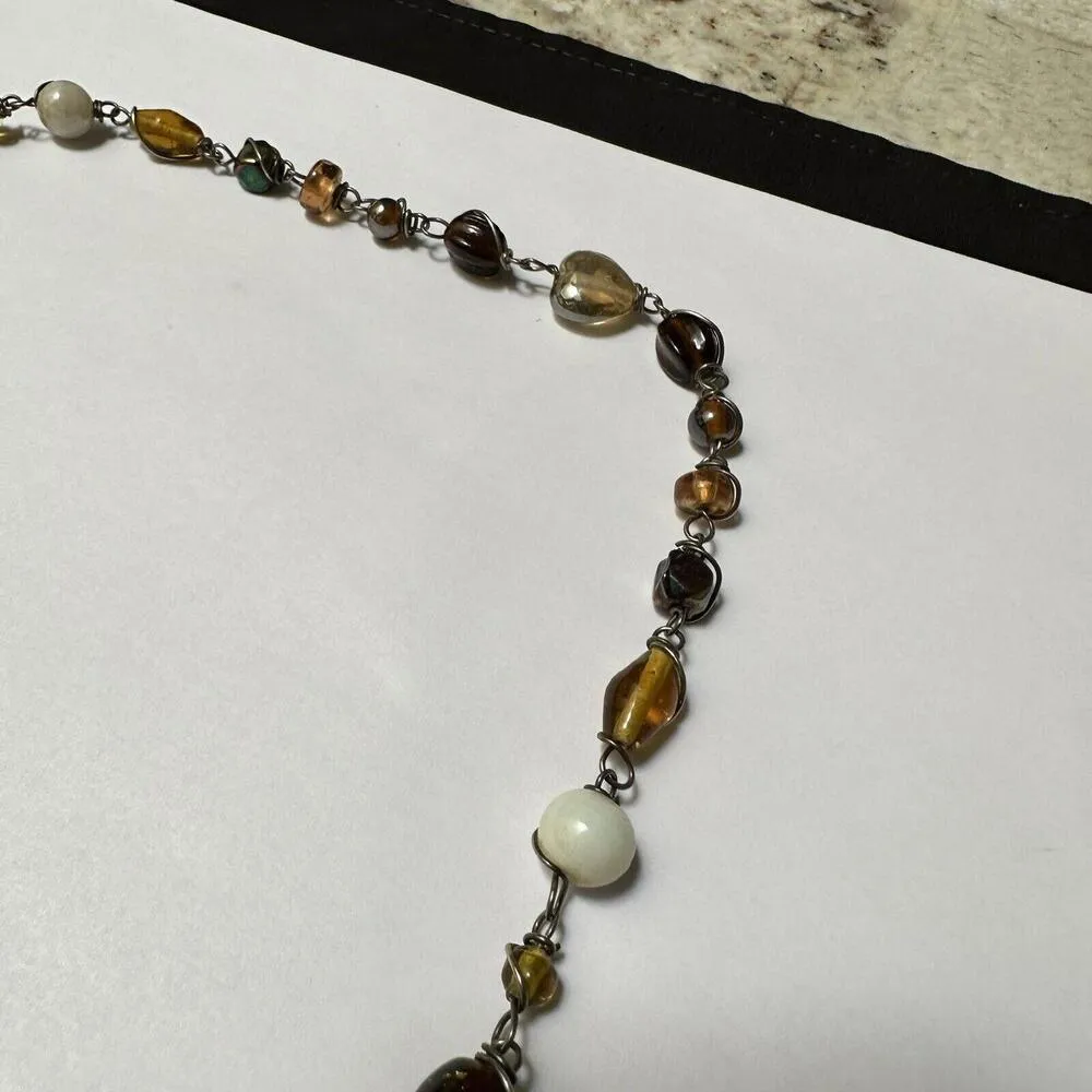 Handmade Glass Brown, Off White, Amber Color Etc Silver Tone Necklace 35 Inch - Image 10